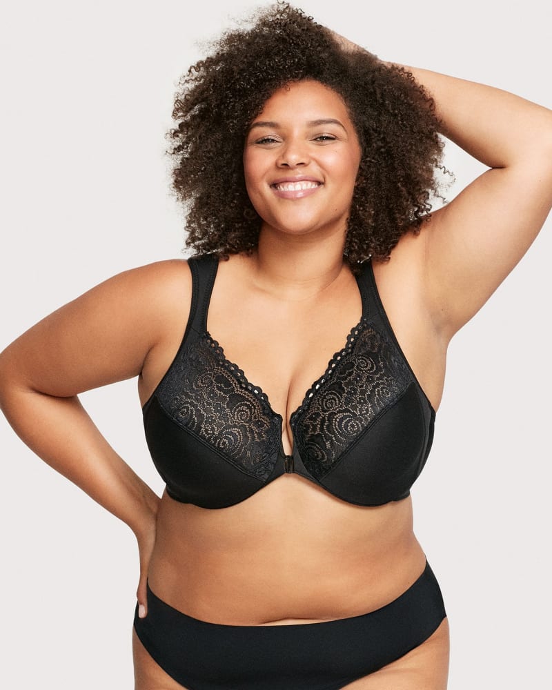 Front of a model wearing a size 38C WonderWire Front-Closure Bra in Black by Glamorise. | dia_product_style_image_id:263047
